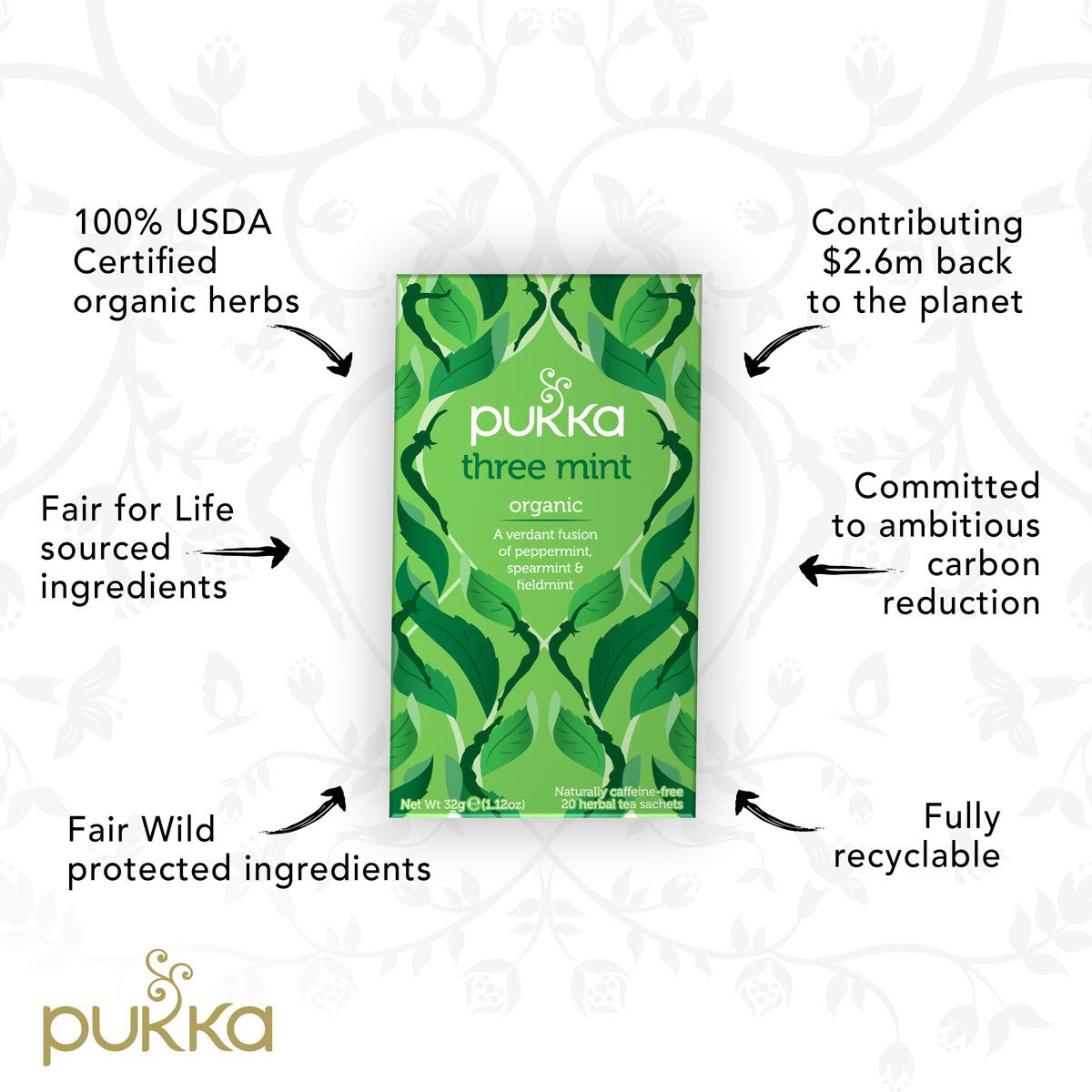 Pukka Organic Tea Bags, Three Mint Herbal Tea, Perfect for Cooling Refresh, 20 Count (Pack of 6) 120 Tea Bags