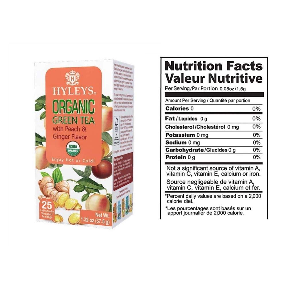 HYLEYS Tea Organic Green Tea Peach and Ginger Flavor - 25 Tea Bags (100% Natural, Sugar Free, Gluten Free and Non-GMO)