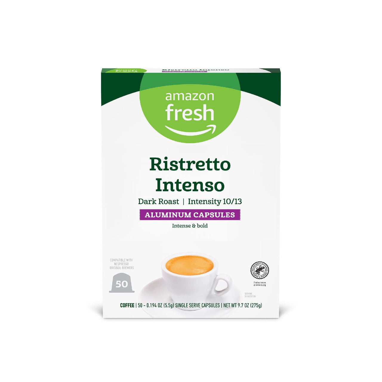 Fresh Ristretto Intenso Dark Roast Aluminum Capsules, Compatible with Nespresso Original Brewers, Intensity 10/13, 50 Count (5 Packs of 10)