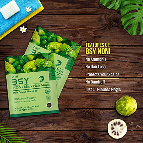 BSY Noni Black Hair Magic (20ml X 10 Sachets) | Hair Dye | Black Hair Dye |100% Ammonia Free | Anti Hair fall Hair Color | Fruit based Hair Color Shampoo | 5 minutes hair color | Noni hair color.