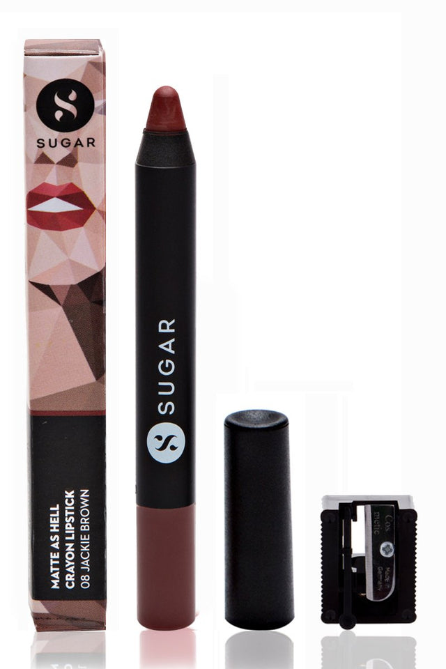 SUGAR Cosmetics Matte As Hell Crayon Lipstick 08 Jackie Brown (Reddish Brown) With Free Sharpner, 2.8 g