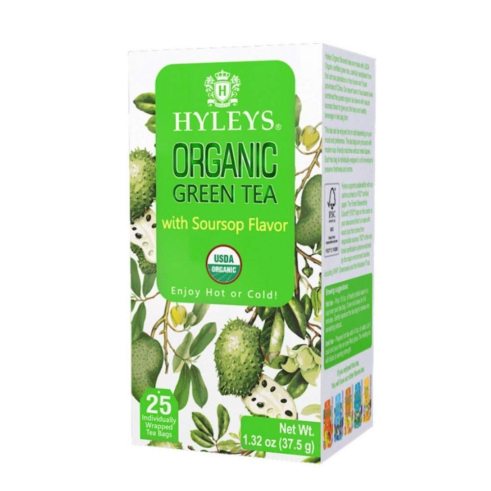 Hyleys Tea Organic Green Tea with Soursop Flavor - 25 Tea Bags (100% Natural, Sugar Free, Gluten Free and Non-GMO)