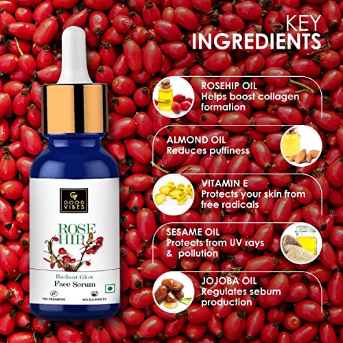 Good Vibes Rose Hip Radiant Glow Face Serum, 10 ml Light Weight Non Greasy Moisturizing Anti Ageing Formula For All Skin Types, Corrects Dark Spots, Natural, No Parabens & Sulphates, No Animal Testing