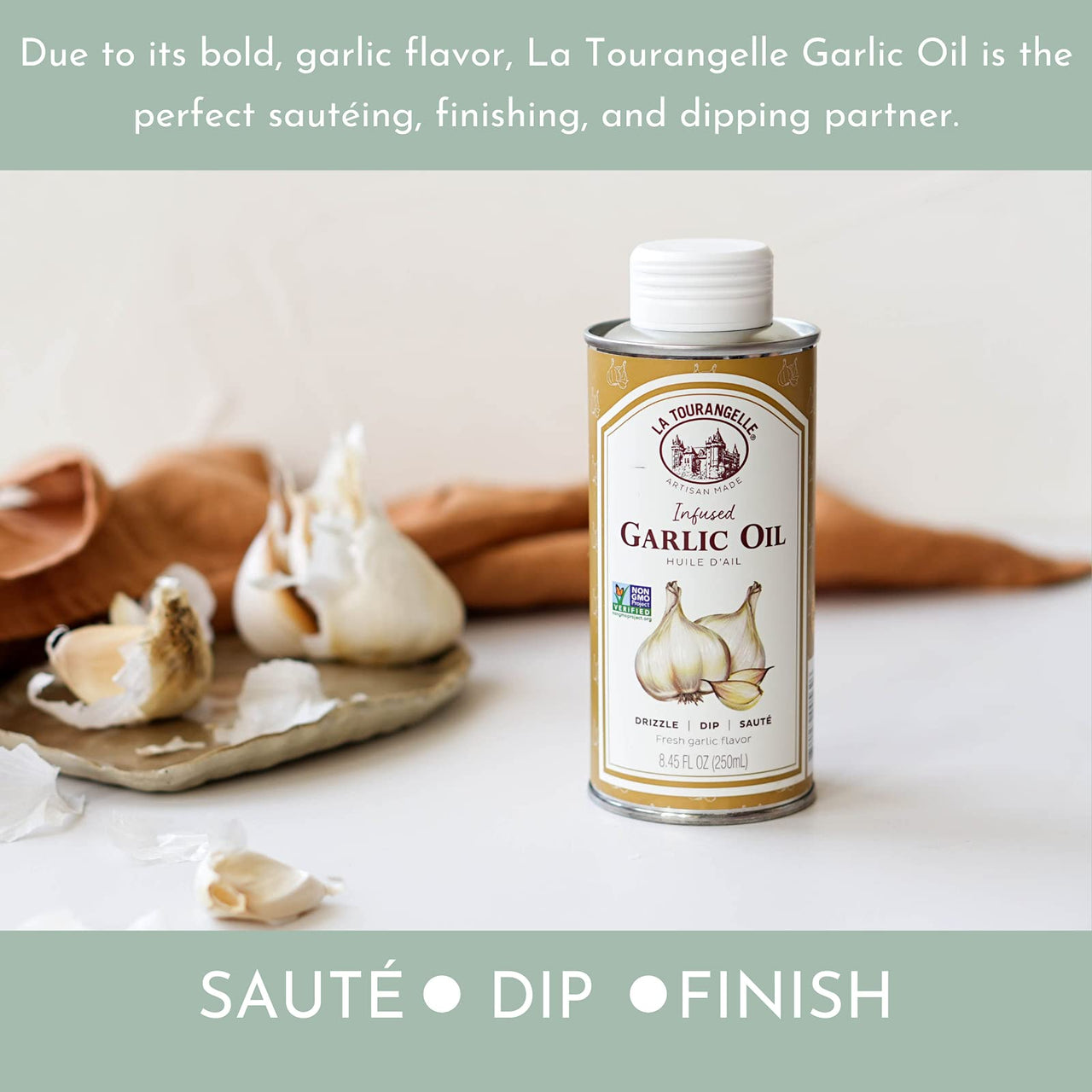 La Tourangelle, Garlic Oil, High Oleic Oil for Cooking Pastas, Salad Dressings, Drizzle on Popcorn, Irresistible Aroma and Flavor, 8.45 fl oz