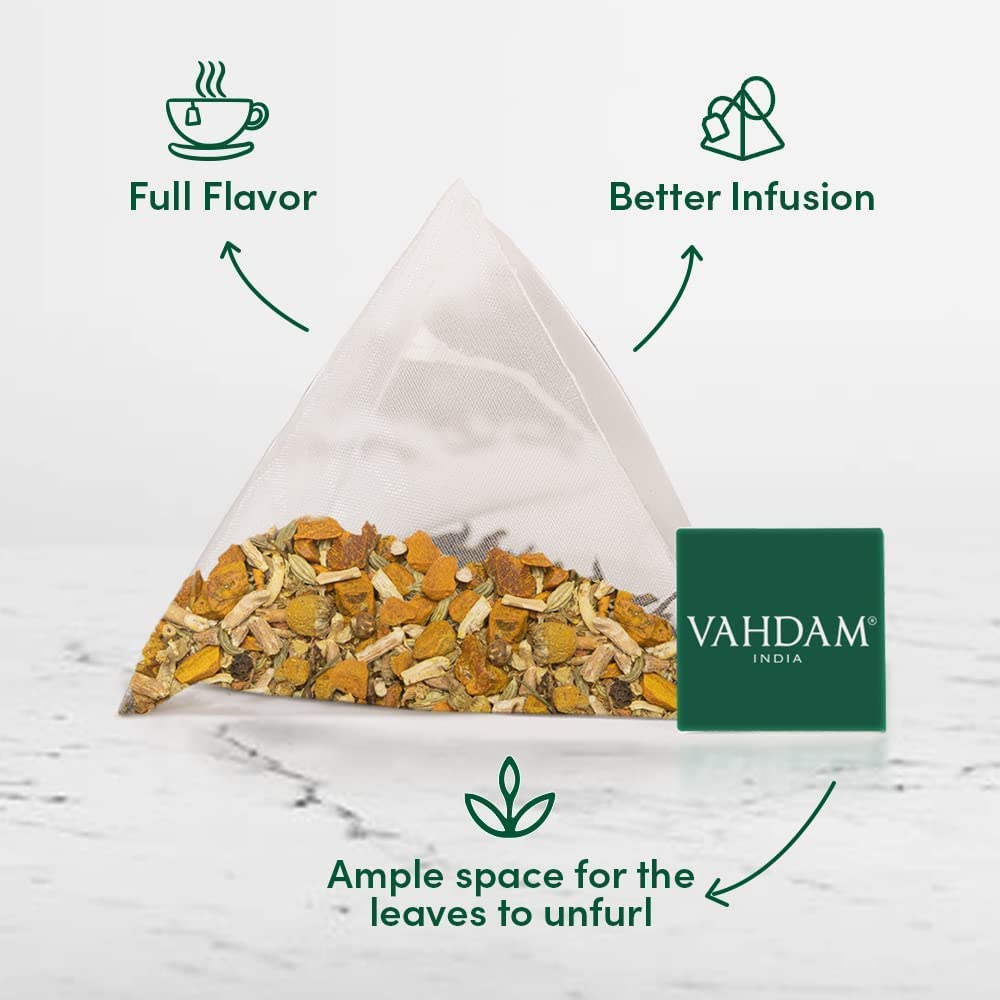 VAHDAM, Organic Turmeric Chamomile Tea Bags (15 Count) Herbal Tea Blend of Turmeric, Cinnamon, Black Pepper, Ashwgandha, Ginger, Chamomile, Fennel | Herbal Tea Bags, Brew it as Hot or Iced Tea