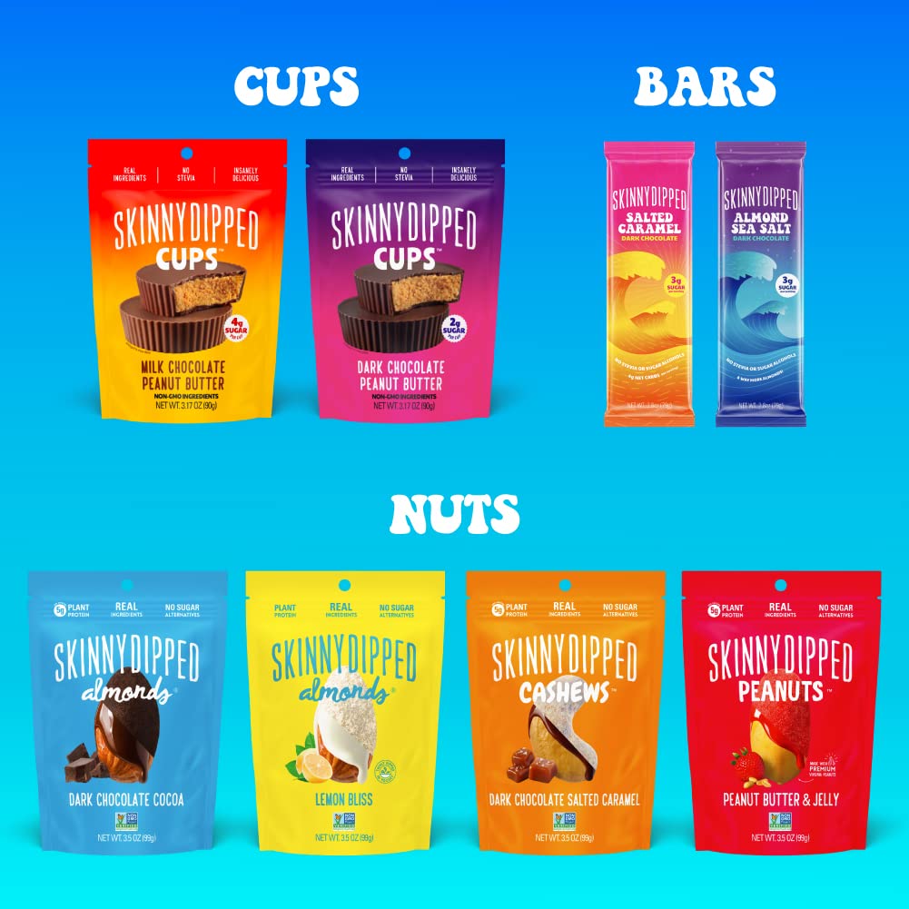 SkinnyDipped Dark Chocolate Peanut Butter Cups, 2g Sugar per Cup, Keto Friendly, No Stevia, Gluten Free, 3.2oz, 1 Pack (6 Cups Total)