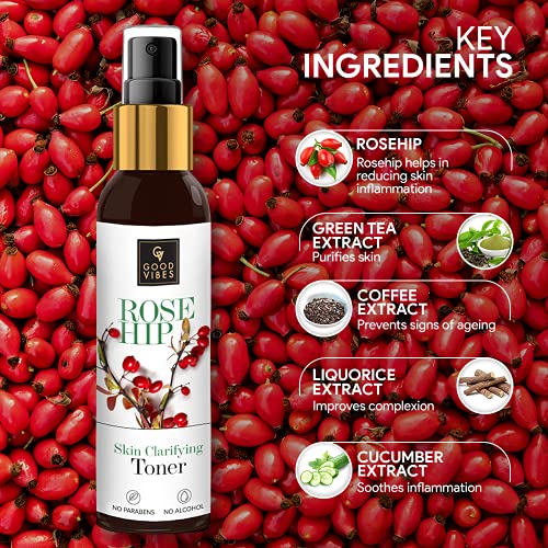 Good Vibes Rosehip Clarifying Toner 200 ml, Anti Ageing Hydrating Light Weight Moisturizing Revitalising Spray Toner for Face and Skin, Natural, No Alcohol, Parabens & Sulphates, No Animal Testing