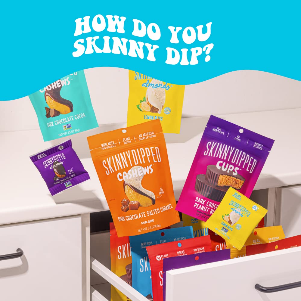 SkinnyDipped Dark Chocolate Peanut Butter Almonds, Healthy Snack, Plant Protein, Gluten Free, 0.46 oz Mini Bags, Pack of 24