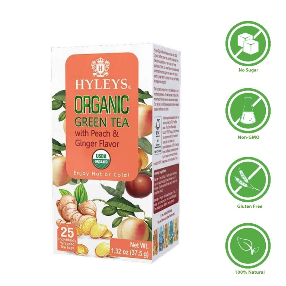 HYLEYS Tea Organic Green Tea Peach and Ginger Flavor - 25 Tea Bags (100% Natural, Sugar Free, Gluten Free and Non-GMO)