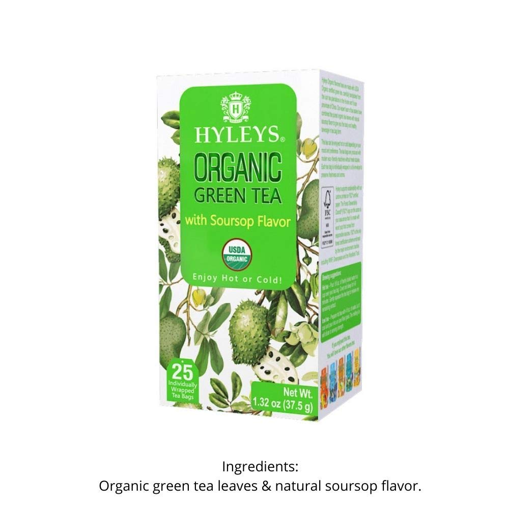 Hyleys Tea Organic Green Tea with Soursop Flavor - 25 Tea Bags (100% Natural, Sugar Free, Gluten Free and Non-GMO)