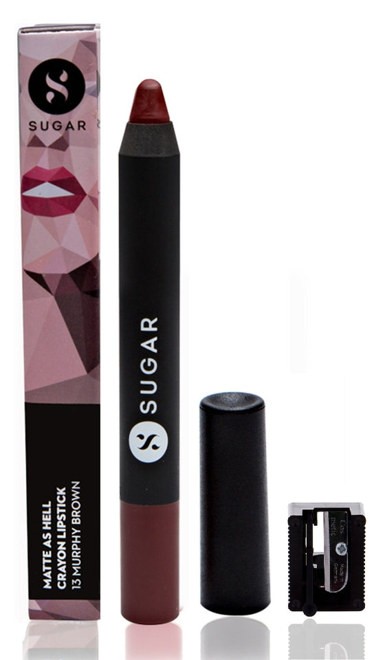 SUGAR Cosmetics Matte As Hell Crayon Lipstick 13 Murphy Brown (Chocolate Burgundy) With Free Sharpner, 2.8 g