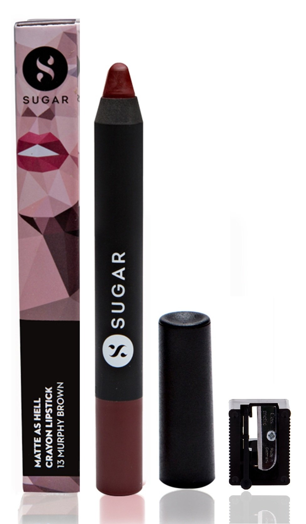 SUGAR Cosmetics Matte As Hell Crayon Lipstick 13 Murphy Brown (Chocolate Burgundy) With Free Sharpner, 2.8 g