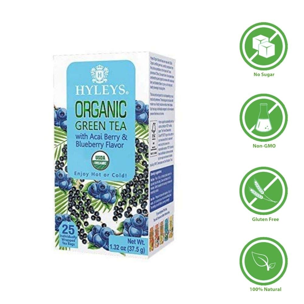 Hyleys Tea Organic Acai and Blueberry Flavor Green Tea - 25 Tea Bags (100% Natural, Sugar Free, Gluten Free and Non-GMO)