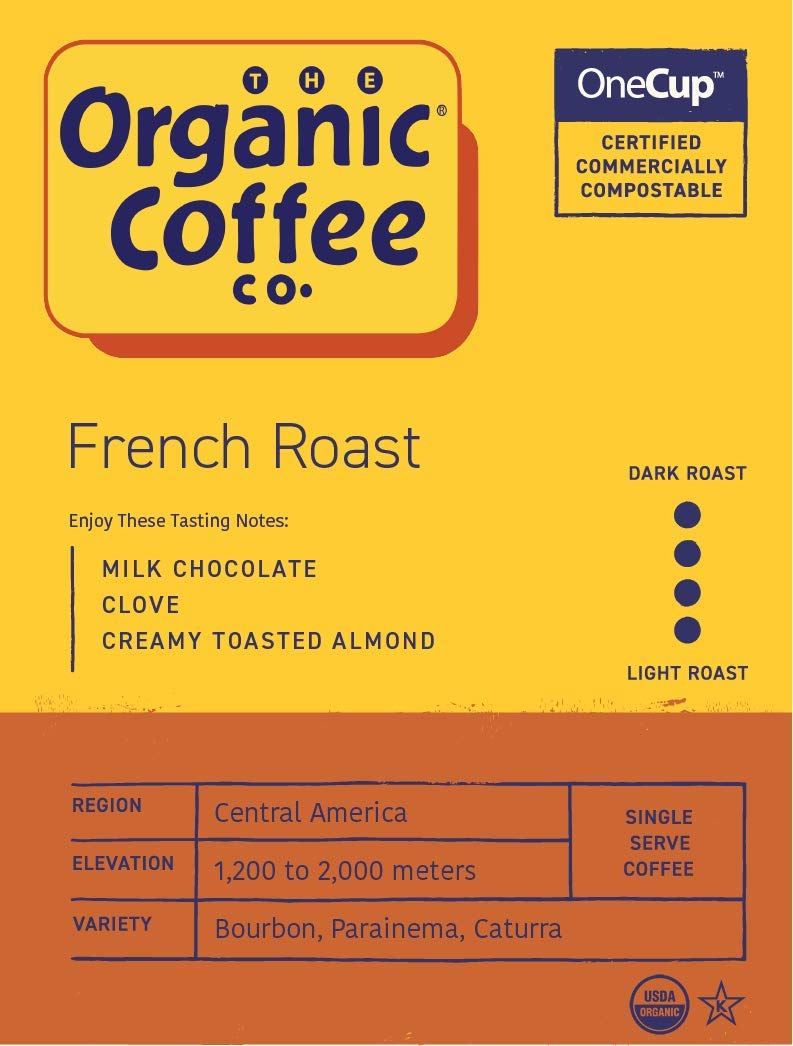 The Organic Coffee Co. Compostable Coffee Pods - French Roast (12 Ct) K Cup Compatible including Keurig 2.0, Dark Roast