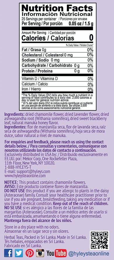 HYLEYS Tea Calm Tea with Aswagandha - Lavender & Honey Flavor - 25 Tea Bags - Caffeine Free Tea