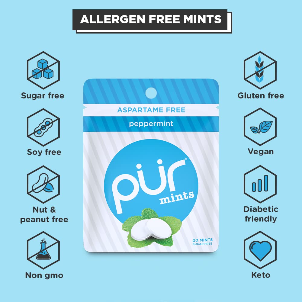 PUR Mints | Sugar Free Mints | 100% Xylitol | Vegan, Aspartame Free, Gluten Free & Keto Friendly | Natural Peppermint Flavored Mints, 20 Pieces (Pack of 3)