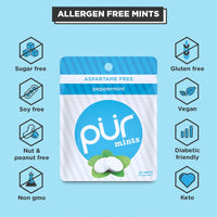 PUR Mints | Sugar Free Mints | 100% Xylitol | Vegan, Aspartame Free, Gluten Free & Keto Friendly | Natural Peppermint Flavored Mints, 20 Pieces (Pack of 3)
