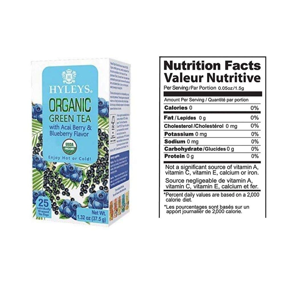Hyleys Tea Organic Acai and Blueberry Flavor Green Tea - 25 Tea Bags (100% Natural, Sugar Free, Gluten Free and Non-GMO)