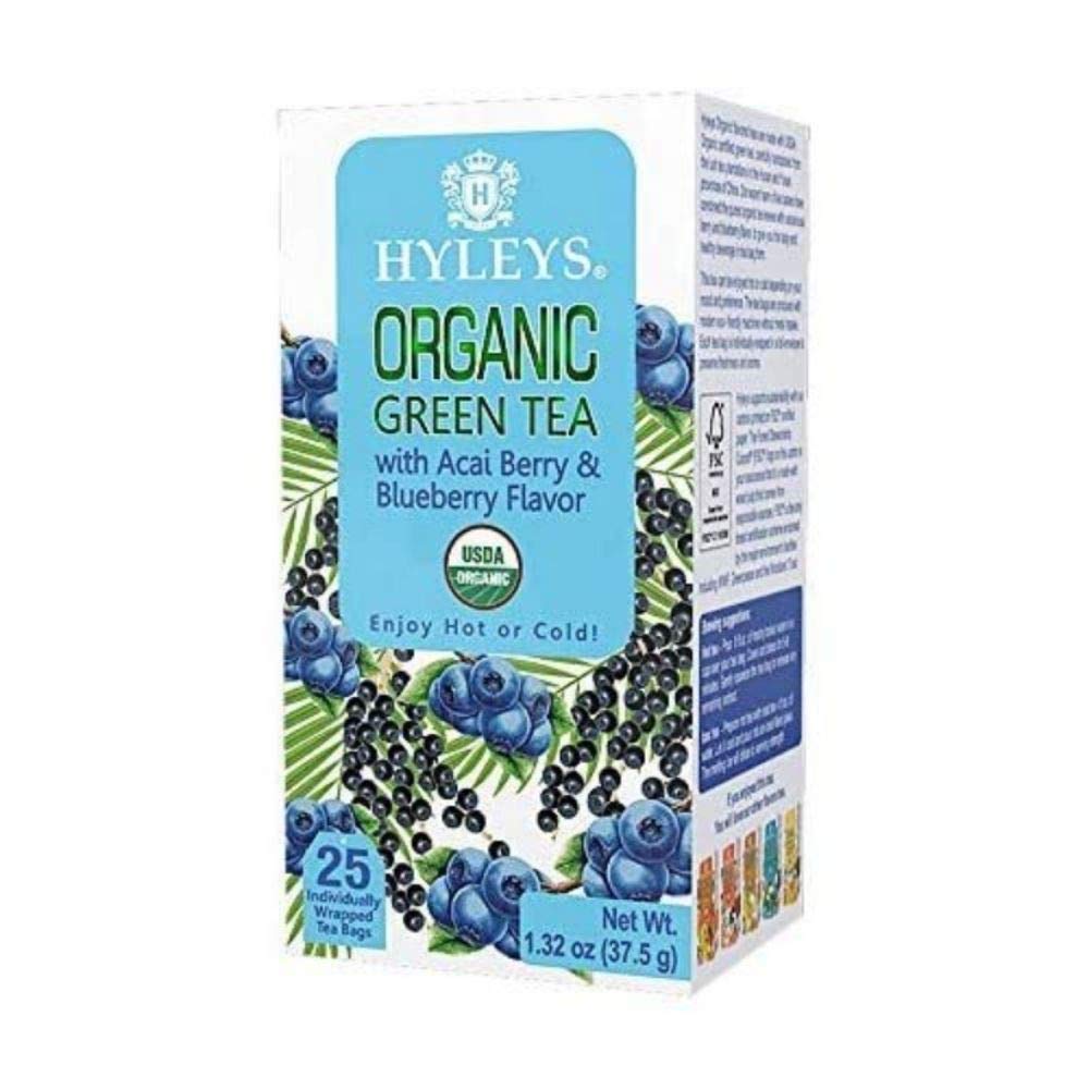 Hyleys Tea Organic Acai and Blueberry Flavor Green Tea - 25 Tea Bags (100% Natural, Sugar Free, Gluten Free and Non-GMO)