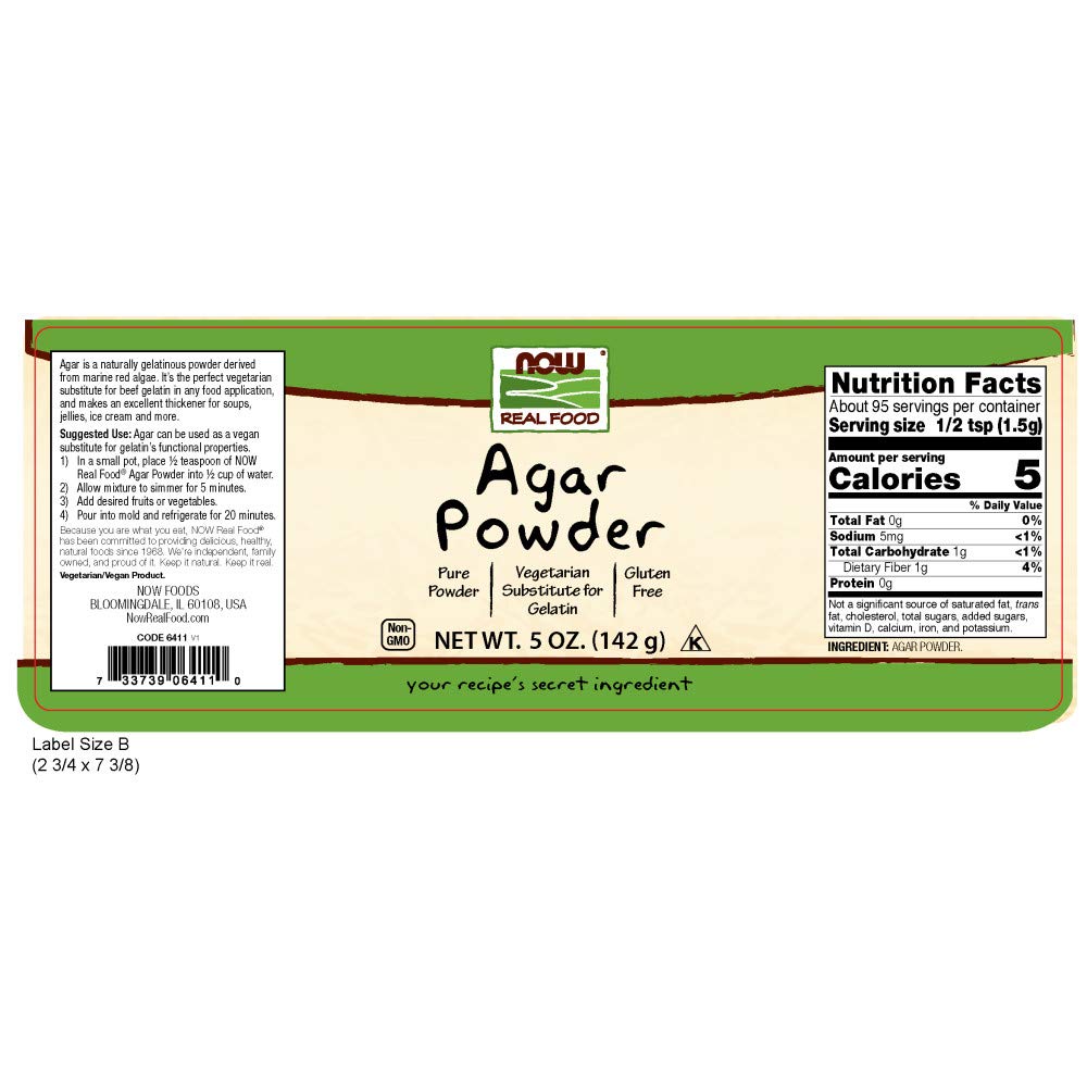 NOW Foods, Agar Pure Powder, Vegetarian Substitute for Gelatin, Gluten-free, Kosher, 5-Ounce