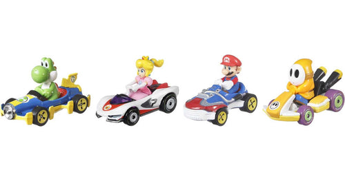 Hot Wheels Mario Kart Vehicle 4-Pack, Set of 4 Fan-Favorite Characters Includes 1 Exclusive Model, Collectible Gift for Kids & Fans Ages 3 Years Old & Up 4-Pk #2 Orange Shy Guy