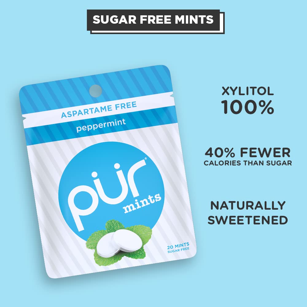 PUR Mints | Sugar Free Mints | 100% Xylitol | Vegan, Aspartame Free, Gluten Free & Keto Friendly | Natural Peppermint Flavored Mints, 20 Pieces (Pack of 3)