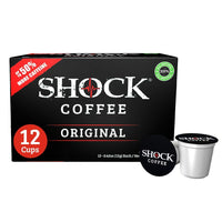 Shock Coffee Single Serve Cups. Up to 50% more Caffeine than Regular Coffee. 12 count - Compatible with Keurig K-Cup Brewers 2.0