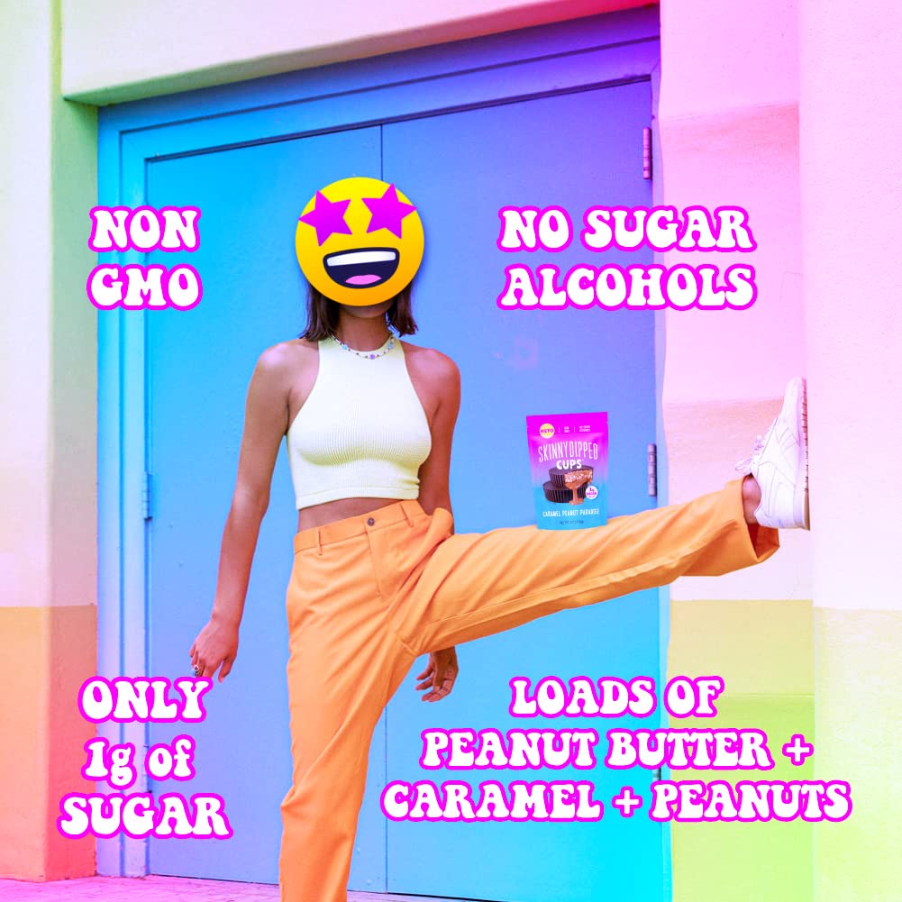 SkinnyDipped Caramel Peanut Paradise Cups, 1g Sugar per Cup, Keto Friendly, No Palm Oil, Gluten Free, 3.2oz Resealable Bags, 6 Count (Pack of 4)