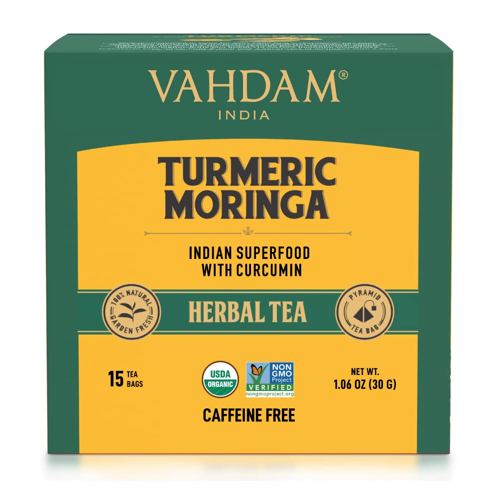 VAHDAM, Organic Turmeric Moringa Superfood Herbal Tea Bags (15 Pyramid Tea Bags) Caffeine Free & Herbal Blend of Turmeric, Moringa, Ginger & Black Pepper | Brew it as Hot or Iced Tea