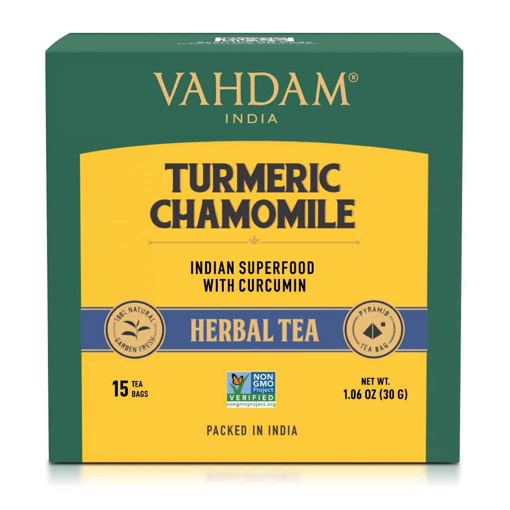 VAHDAM, Organic Turmeric Chamomile Tea Bags (15 Count) Herbal Tea Blend of Turmeric, Cinnamon, Black Pepper, Ashwgandha, Ginger, Chamomile, Fennel | Herbal Tea Bags, Brew it as Hot or Iced Tea