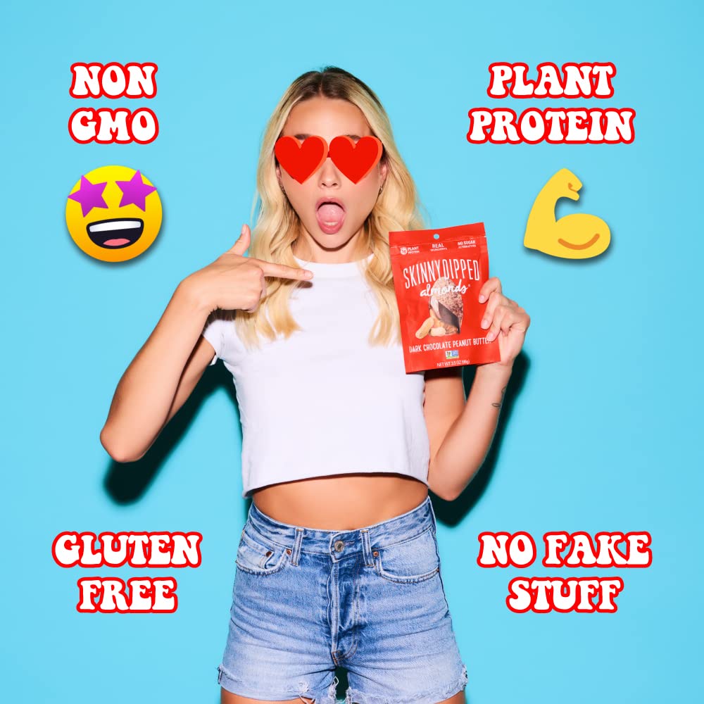 SkinnyDipped Dark Chocolate Peanut Butter Almonds, Healthy Snack, Plant Protein, Gluten Free, 0.46 oz Mini Bags, Pack of 24