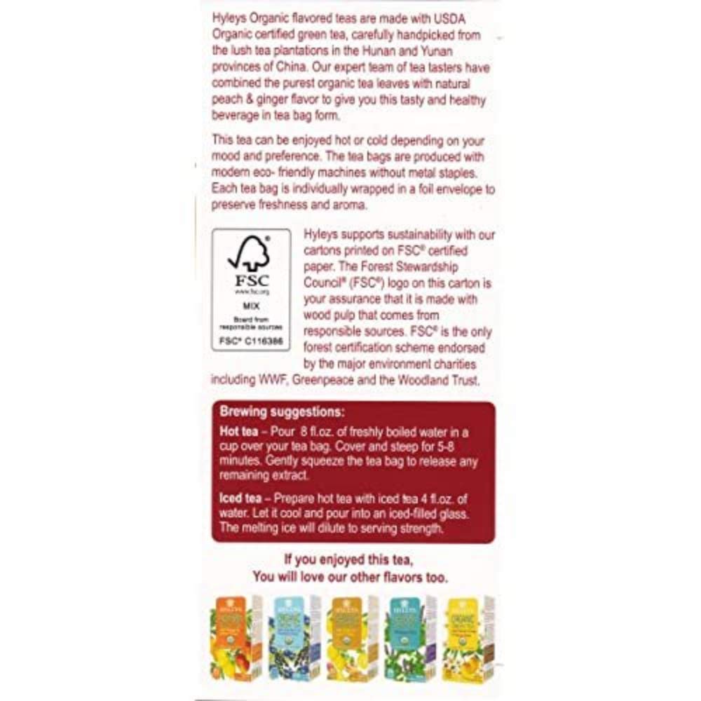 HYLEYS Tea Organic Green Tea Peach and Ginger Flavor - 25 Tea Bags (100% Natural, Sugar Free, Gluten Free and Non-GMO)