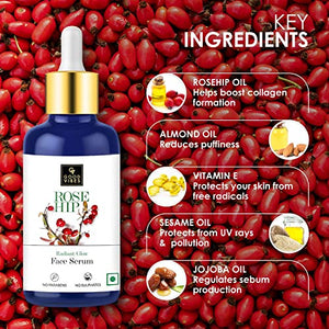 Good Vibes Rose Hip Radiant Glow Face Serum, 30 ml Light Weight Non Greasy Moisturizing Formula For All Skin Types, Natural, No Parabens & Sulphates, No Animal Testing