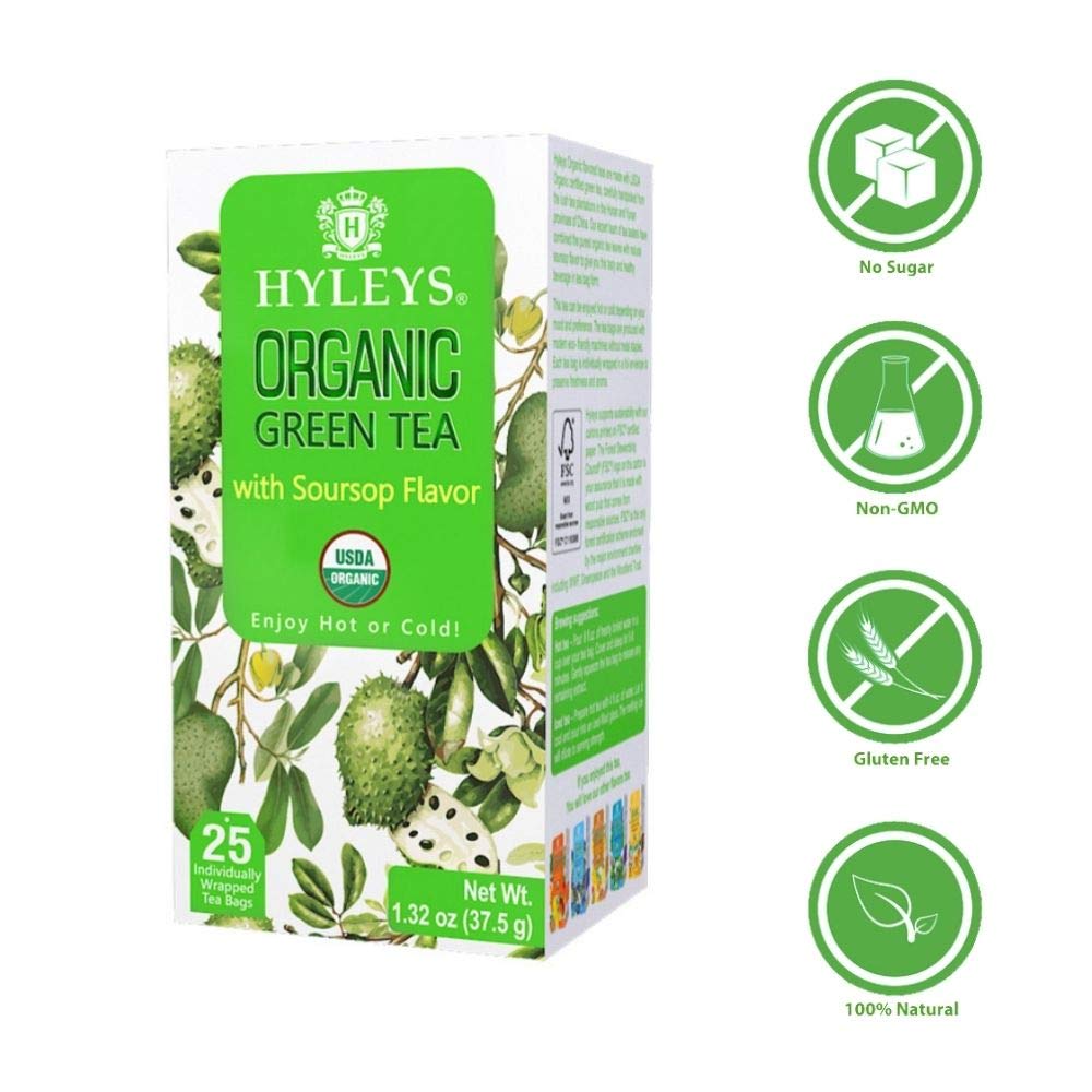 Hyleys Tea Organic Green Tea with Soursop Flavor - 25 Tea Bags (100% Natural, Sugar Free, Gluten Free and Non-GMO)
