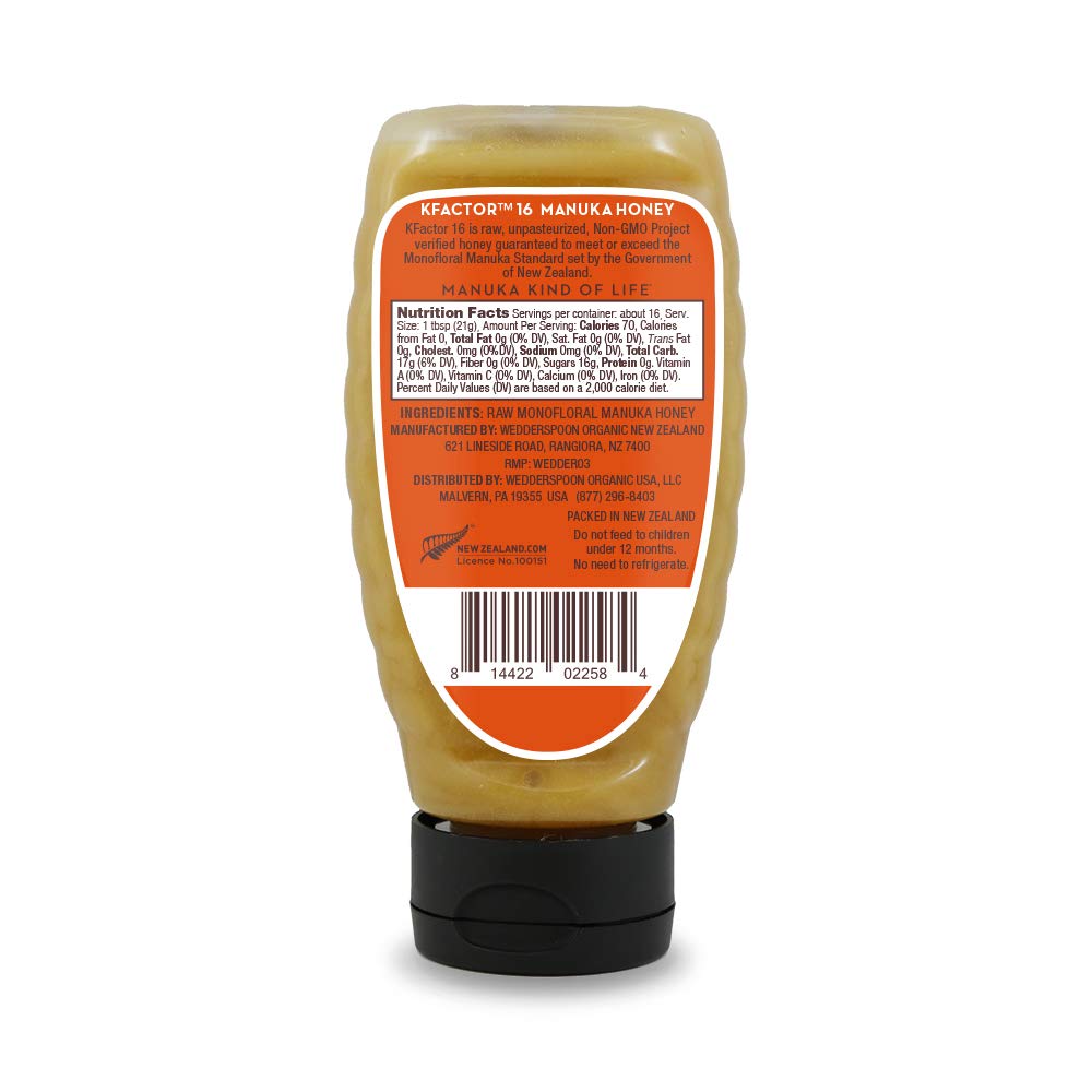 Wedderspoon Raw Premium Manuka Honey, KFactor 16, 12 Oz, Unpasteurized, Genuine New Zealand Honey, Multi-Functional, Non-GMO Superfood, Traceable from Our Hives to Your Home, Convenient Squeeze Bottle