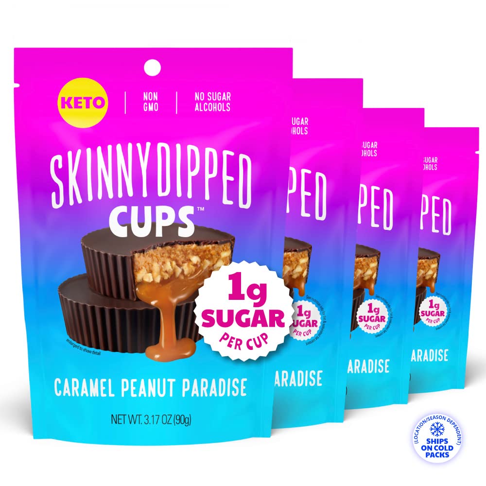 SkinnyDipped Caramel Peanut Paradise Cups, 1g Sugar per Cup, Keto Friendly, No Palm Oil, Gluten Free, 3.2oz Resealable Bags, 6 Count (Pack of 4)
