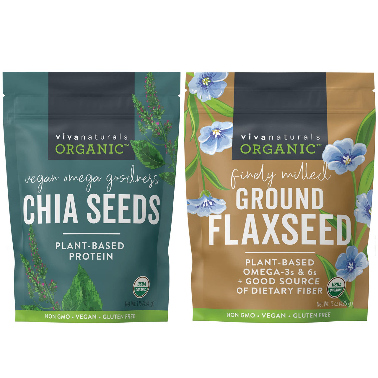 Viva Naturals The Finest Organic Raw Chia Seeds, 1 Pound & Organic Ground Flax Seed, 15 oz - Specially Cold-milled Using Proprietary Technology for Optimal Smoothness and Freshness