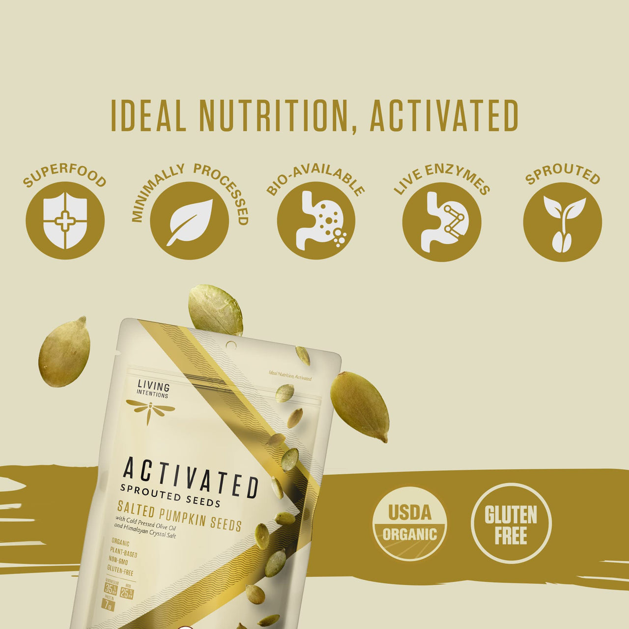Living Intentions Organic Sprouted Pumpkin Seeds: Salted  NonGMO  Gluten Free  Vegan Kosher  Paleo - 8 Ounce Unit