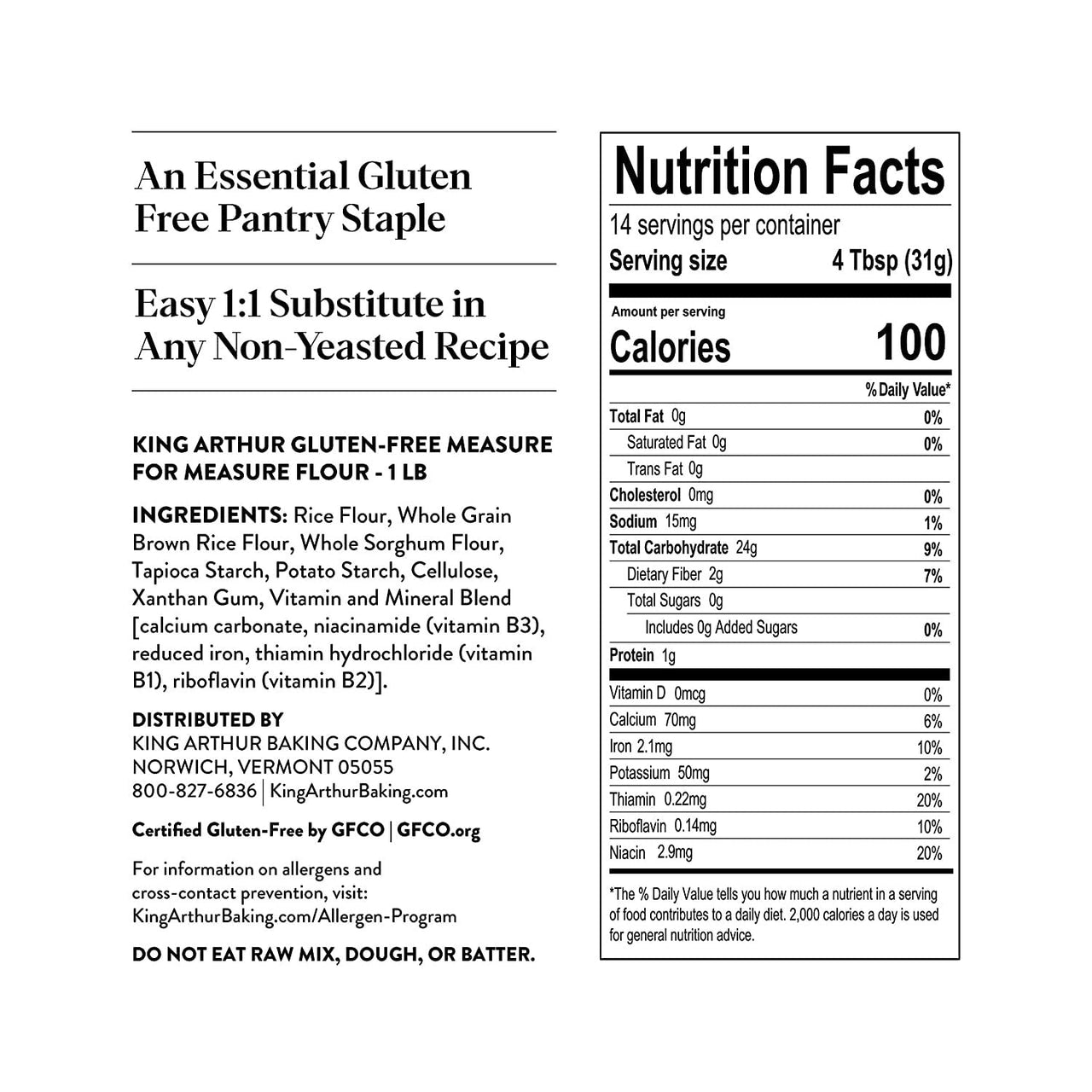 King Arthur, Measure for Measure Flour, Certified Gluten-Free, Non-GMO Project Verified, Certified Kosher, Non-Dairy, 1 Pound, Packaging May Vary