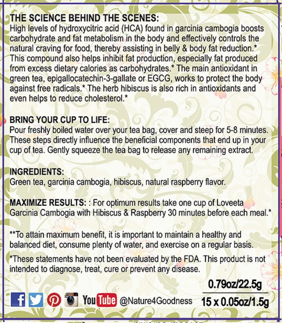 Loveeta Wellness Garcinia Cambogia Tea Raspberry & Hibiscus - 15 Tea Bags (Gmo Free, Gluten Free, Dairy Free, Sugar Free & 100% Natural)