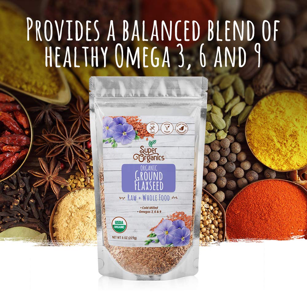 Super Organics Cold Milled Ground Flaxseed | Omegas 3, 6 & 9  Organic, Vegan & Non-GMO, 8 Oz