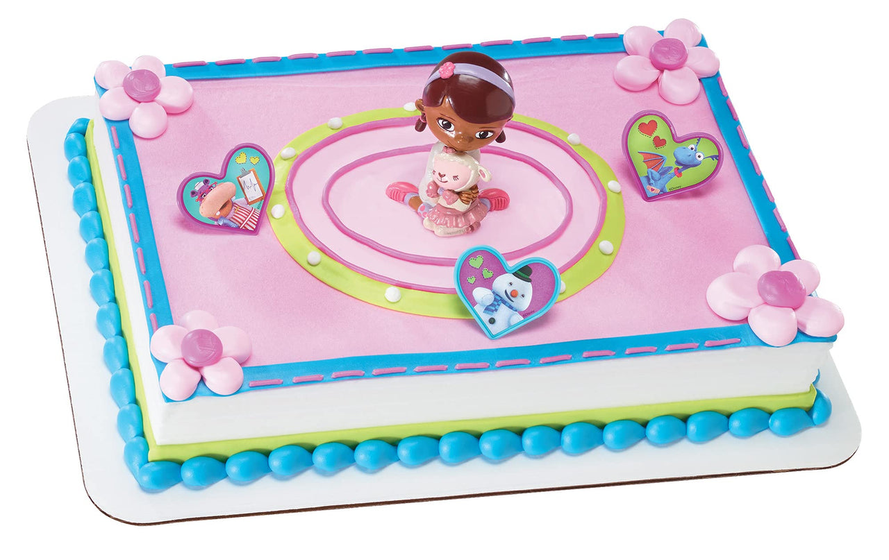 DecoSet Doc McStuffins Doc & Lambie Cake Toppers, 4-Piece Set with Doc and Lambie Figurines, Sharable Rings, Create Awesome Party Decorations for Cakes or Cupcakes