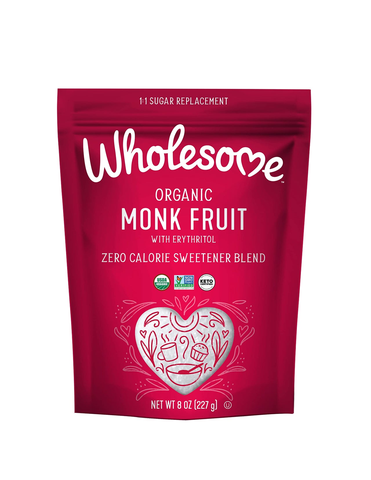Wholesome Sweeteners Organic Monk Fruit Sweetener Zero Calorie Keto Certified No Glycemic Impact Non GMO Gluten Free Vegan oz. Pack of 1, 8 Ounce, (Packaging May Vary)