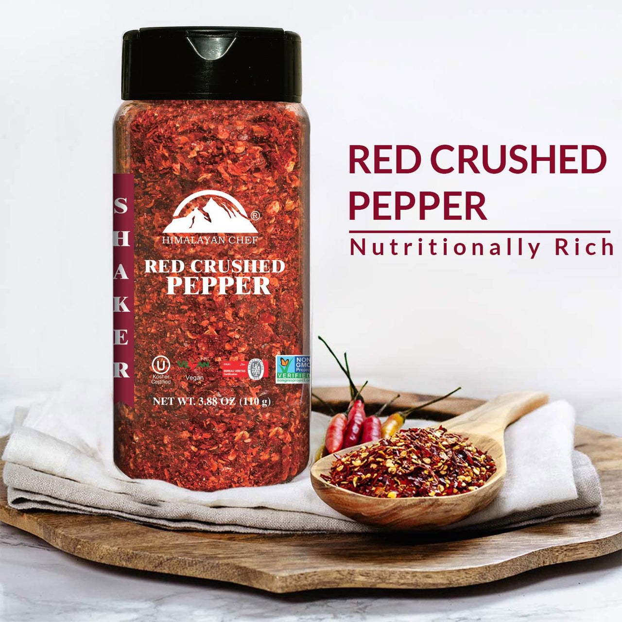 Himalayan Chef Red Crushed Pepper Shaker - Organically Crushed Red Chili Pepper Flakes Great for Pizza, Chowder, Seafood, and Pasta (3.88 Oz)