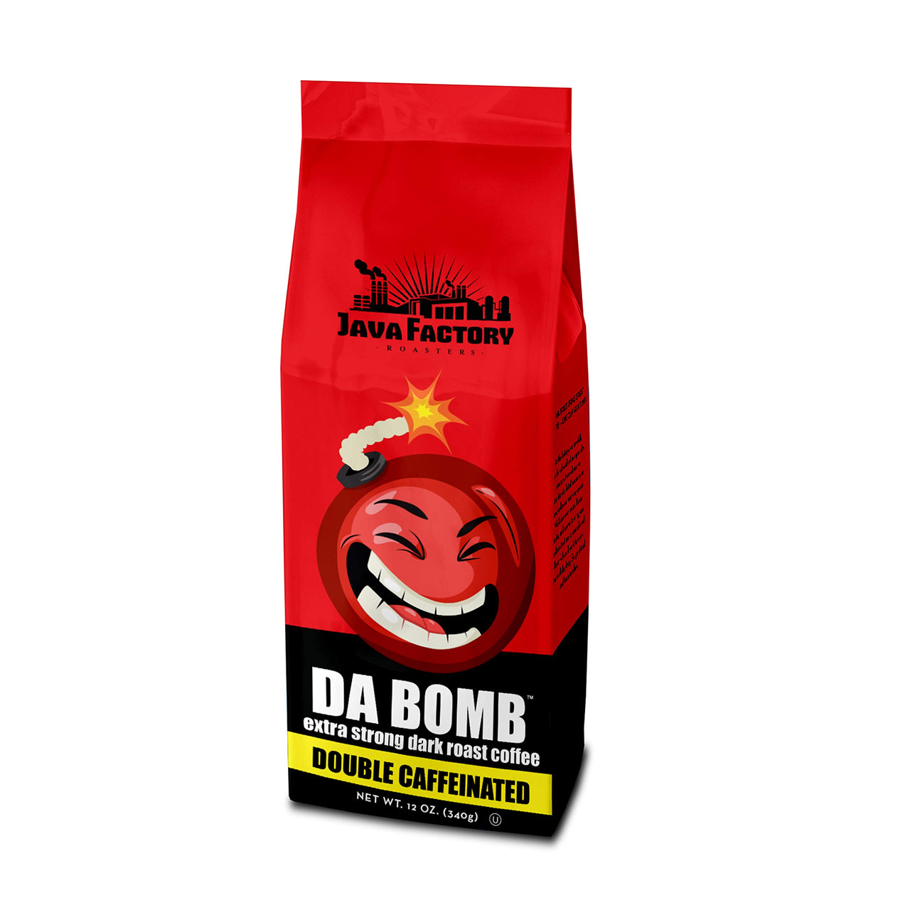Java Factory High Caffeine Ground Coffee Double Caffeinated Da Bomb Bag, Dark Roast, 12 Ounce