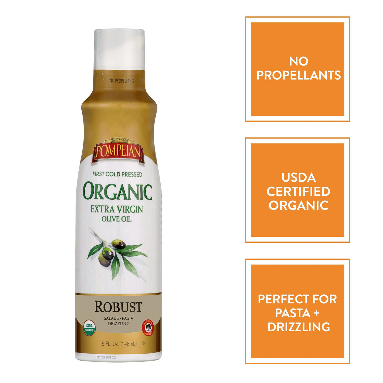 Pompeian USDA Certified Organic Extra Virgin Olive Oil Non-Stick Cooking Spray, Full-Bodied Flavor, Perfect for Salads and Pasta Drizzling, Naturally Gluten Free, Non-Allergenic, Non-GMO, No Propellants, 5 FL. OZ., Single Bottle