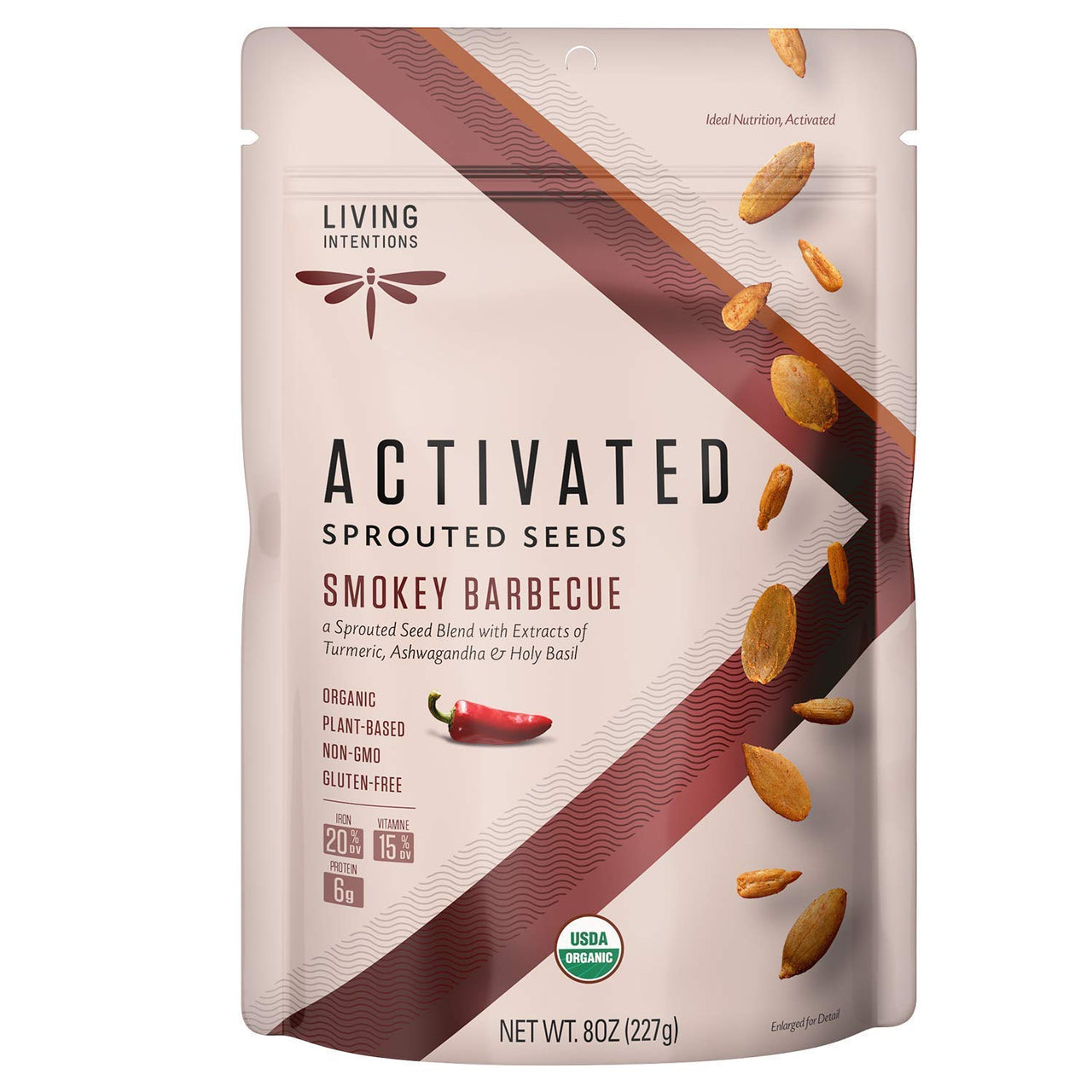 Living Intentions Organic Sprouted Sunflower Seeds: Smokey Barbeque  NonGMO  Gluten Free  Vegan  Paleo  Kosher  8 Ounce Unit