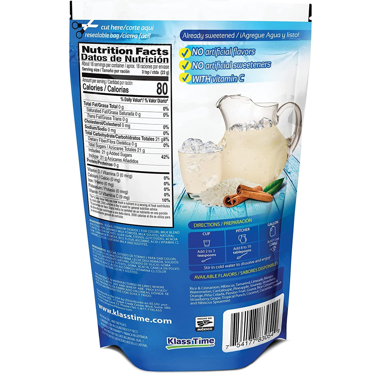 Klass Aguas Frescas Horchata Drink Mix - No artificial flavor, no artificial sweeteners, colors from natural sources (Makes 7 Quarts) 14.1 ounce Family-Pack (Single Unit)