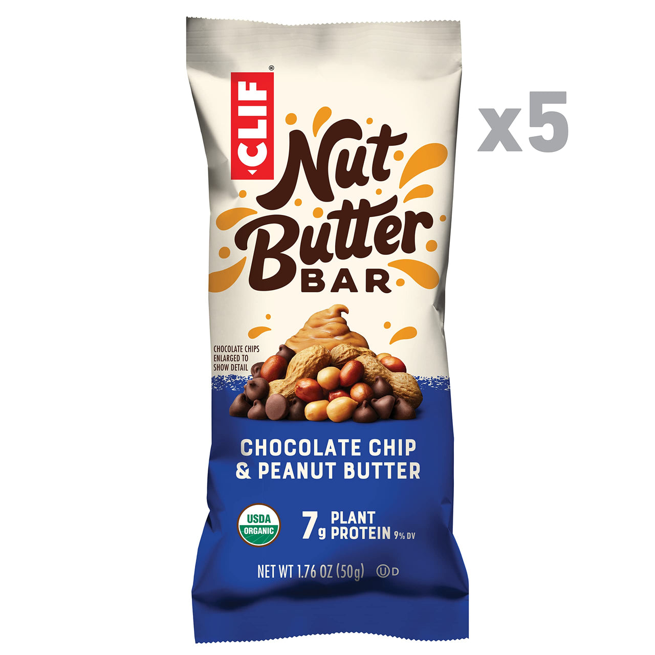 CLIF Nut Butter Bar - Organic Snack Bars - Chocolate Chip Peanut Butter - Organic - Plant Protein - Non-GMO (1.76 Ounce Protein Snack Bars, 5 Count)