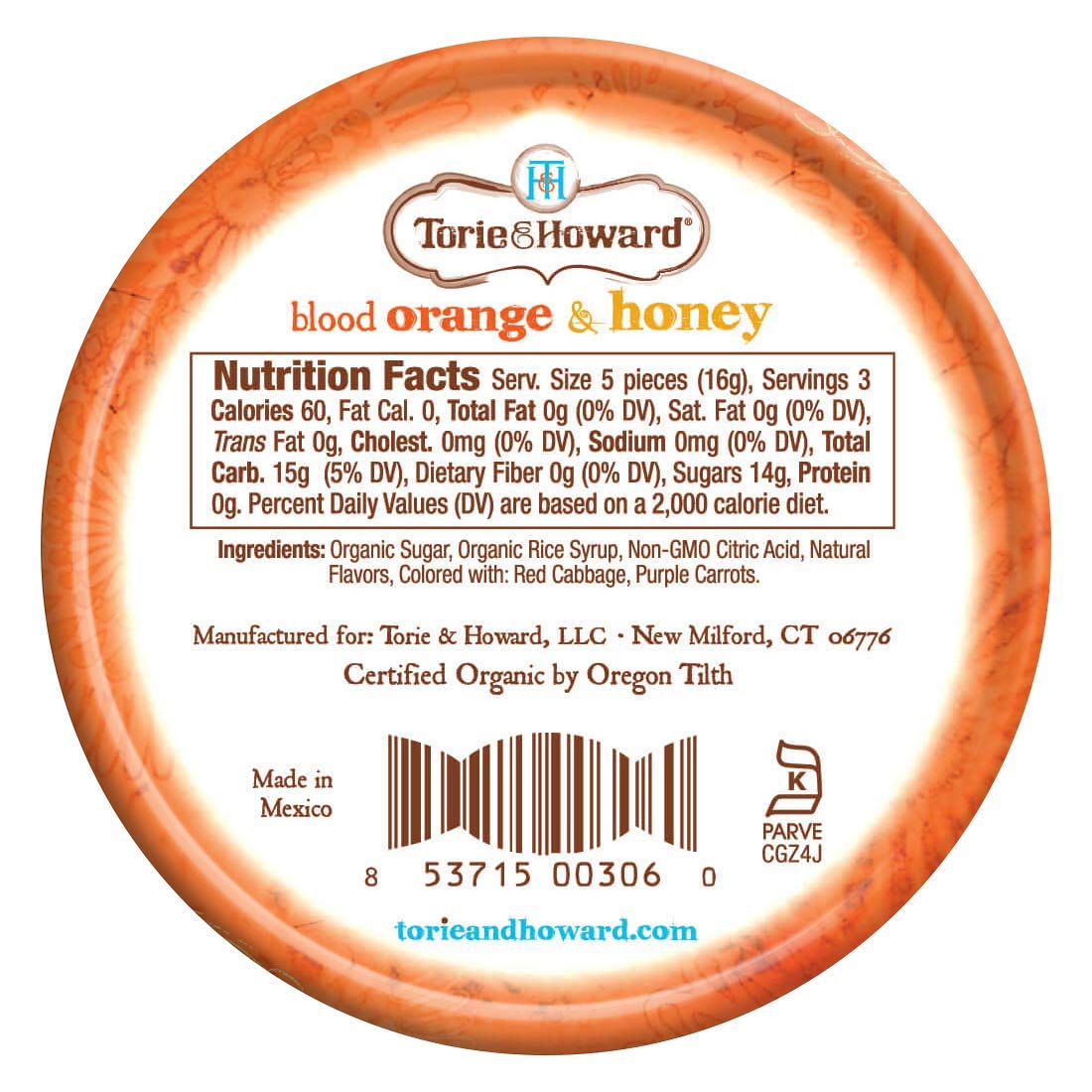 Torie and Howard Organic Hard Candy Tin, Blood Orange and Honey, 2 Ounce